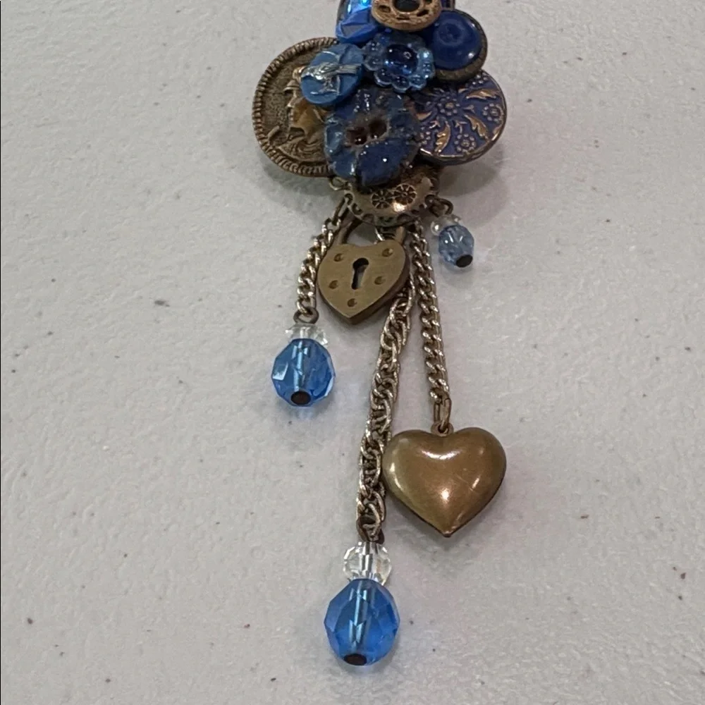Vintage Glass & Metal Button Brooch with charms—BEAUTIFUL! Glass Beads—Artisan